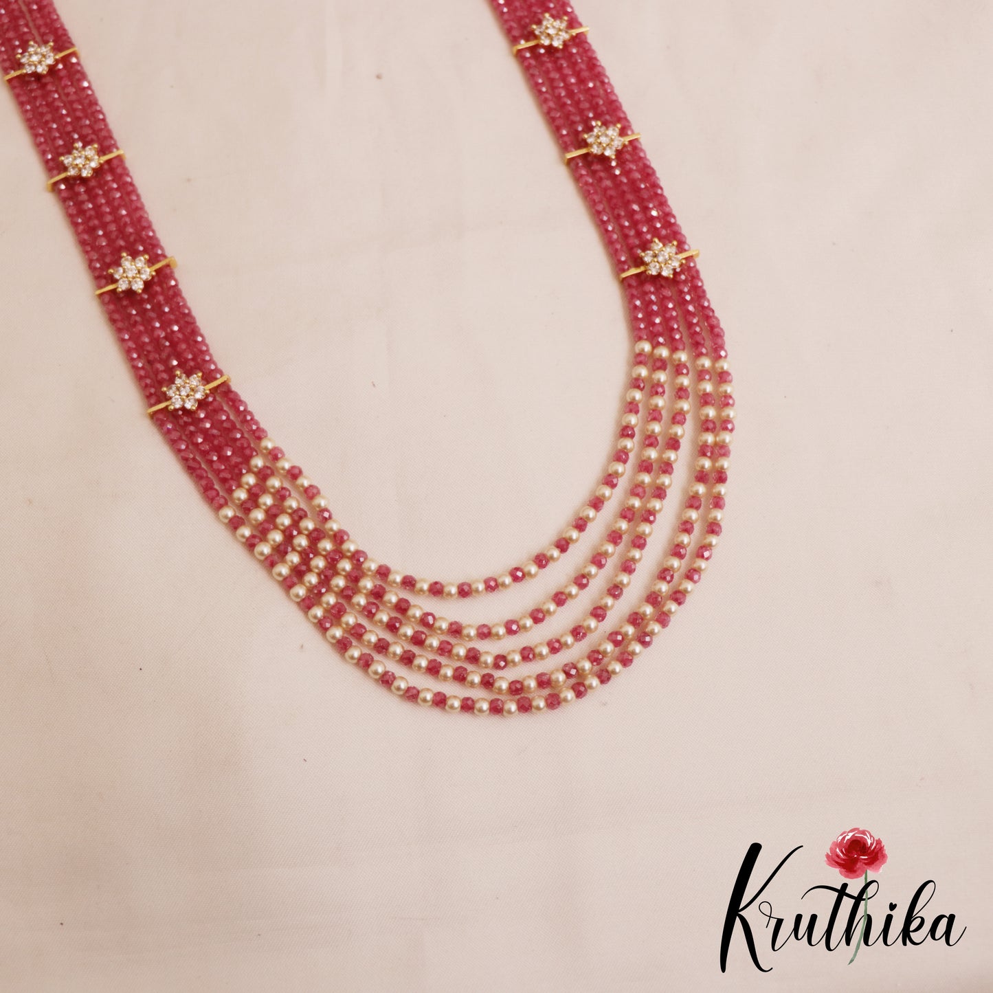 Sparkling Multi Layered crystal & Pearl statement Haaram with floral accents LH2081