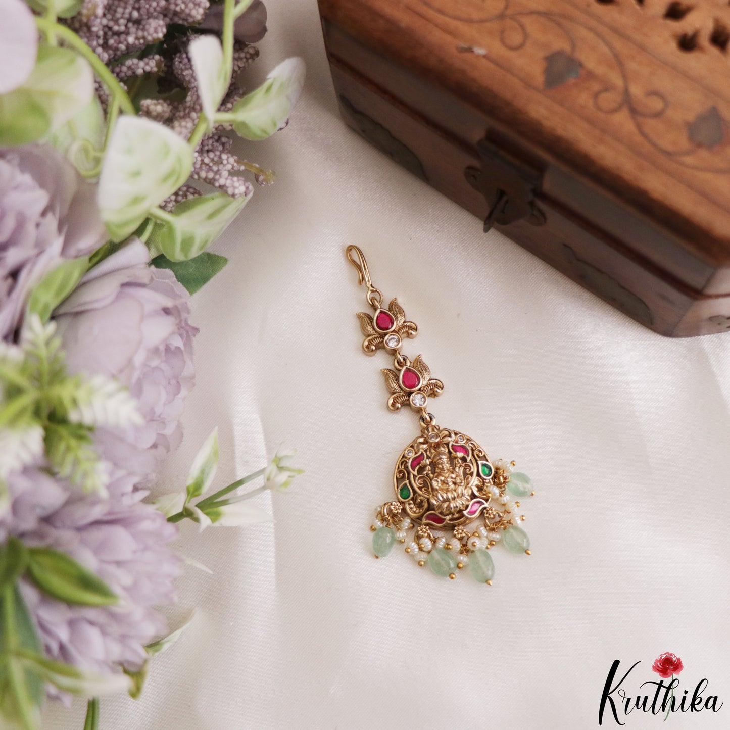 Elegant Antique Lakshmi Motifs Jadau Maang Tikka With Bead Drops MT399 (Available In 4 Colors)