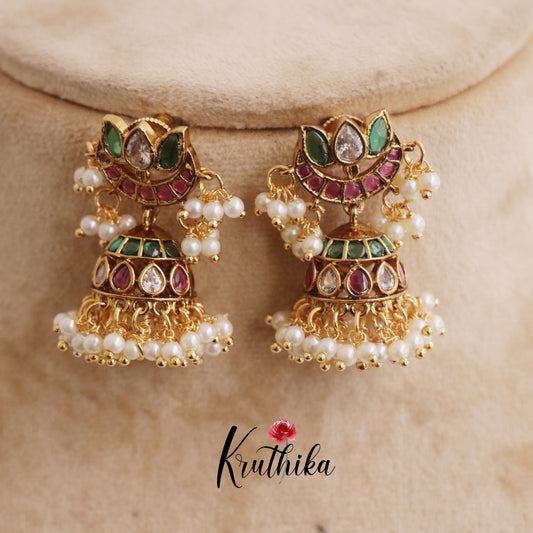 Beautiful Kemp Lotus Pearl Drop Jhumkas E686 (available in 3 Colors)