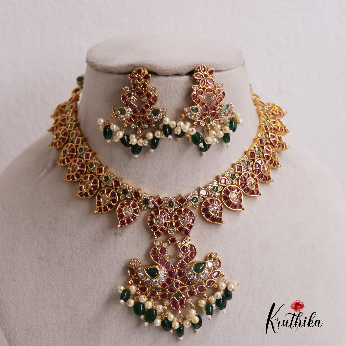Premium Traditional Kemp Mango Peacock Necklace With Beads NC2531