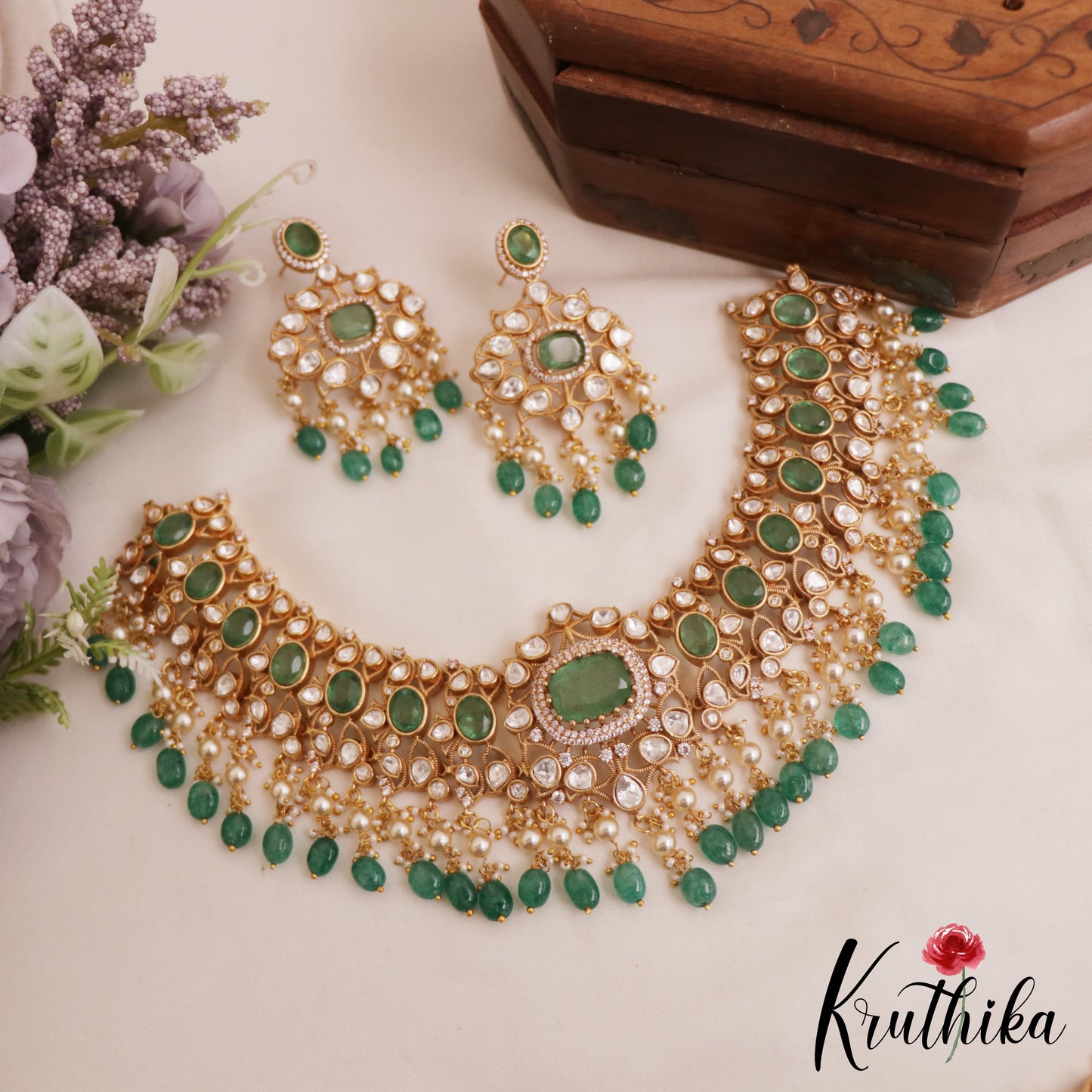 Premium Geometric Motifs Mossanaite Choker With Green Bead Drops NC2838 (Available In 2 colors)