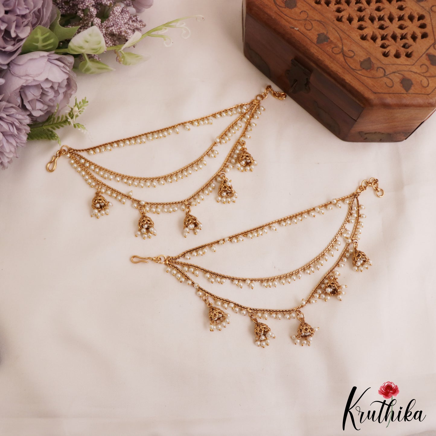 Classic Triple Pearl Beaded Earchains With Jhumka Pearl Drops EC210