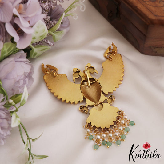 Royal Gandaberunda Jadau Pendant with Green Beads Drops PS257