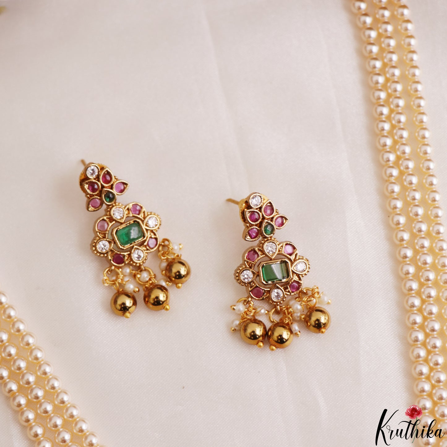 Elegant Multi Strand Pearl Chain With Kemp Square Teardrop Motifs Pendant LH2195 (Available In 3 Colors)