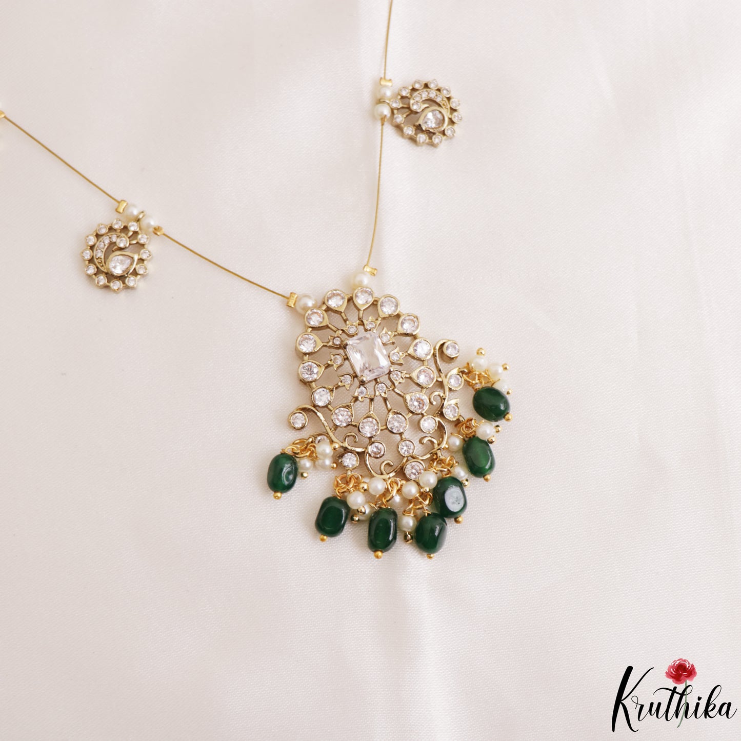 Trendy Floral Peacock Motifs CZ Invisible Chain With Green Bead Drops NC3249 (Available In 3 Colors)