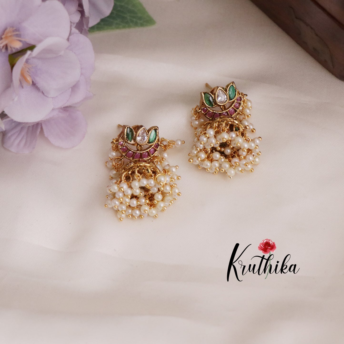 Beautiful Kemp Lotus Pearl Drop Jhumkas E686 (available in 3 Colors)