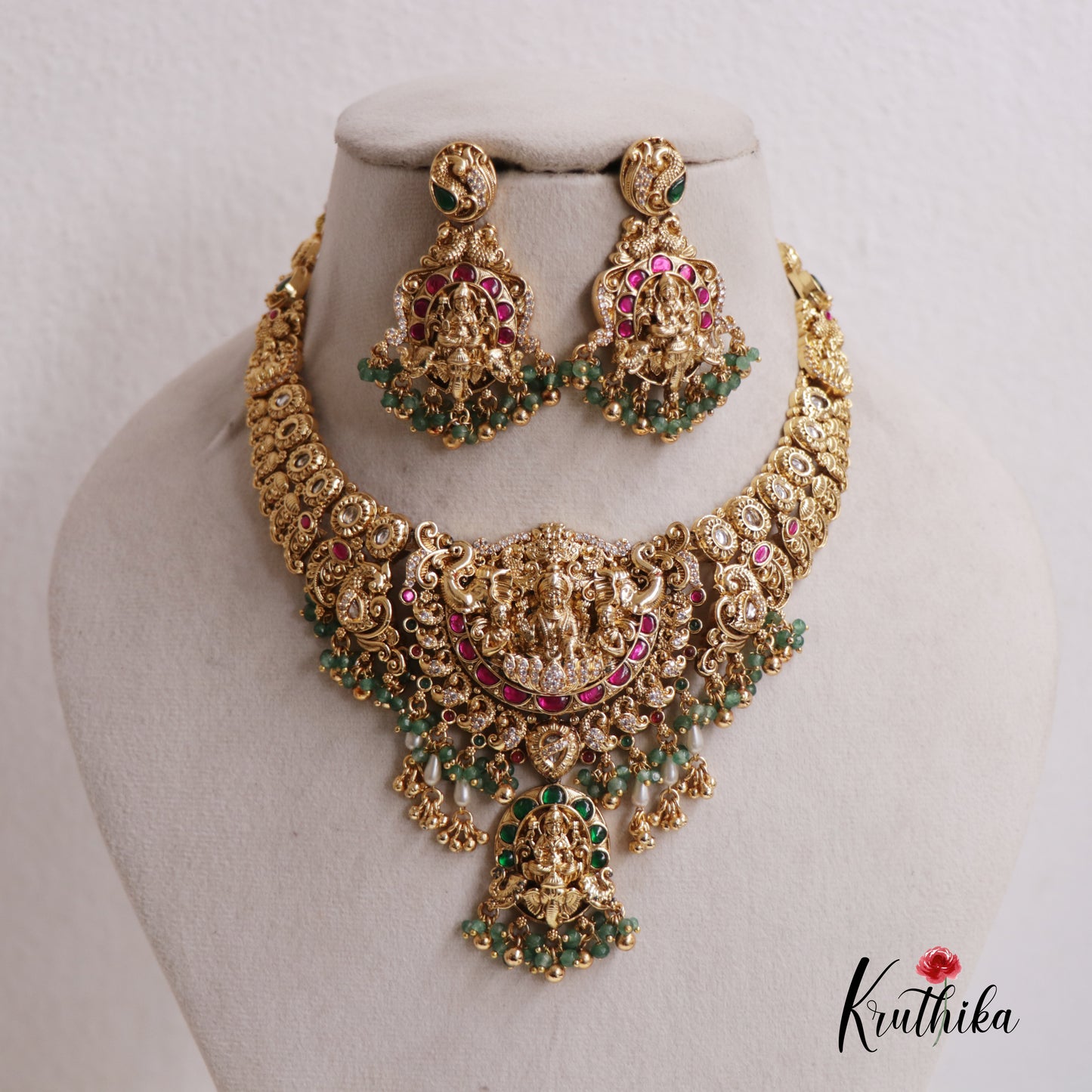 Attractive Jadau Antique Lakshmi Peacock Necklace with Beads NC2530