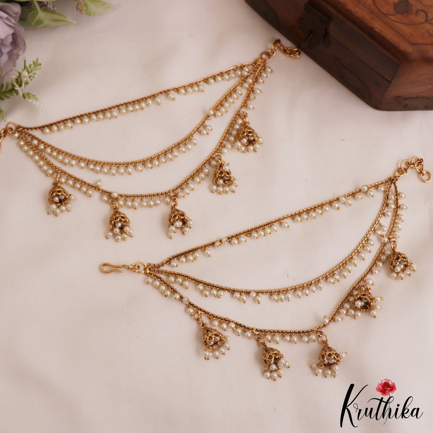 Classic Triple Pearl Beaded Earchains With Jhumka Pearl Drops EC210