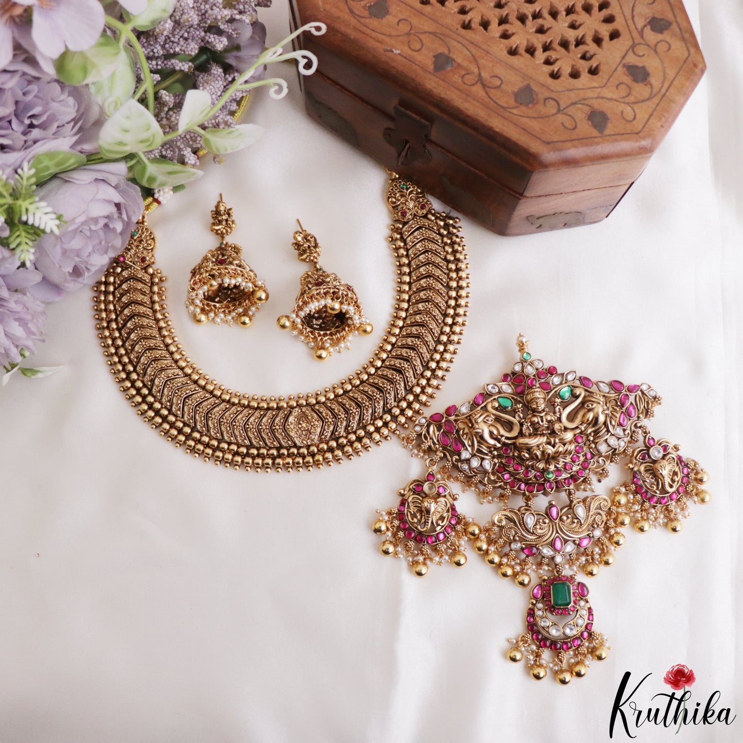 Grand 24K Gold-Inspired Antique Nagas Lakshmi Elephant Motifs Jadau Necklace NC3260 (Detachable Pendants)