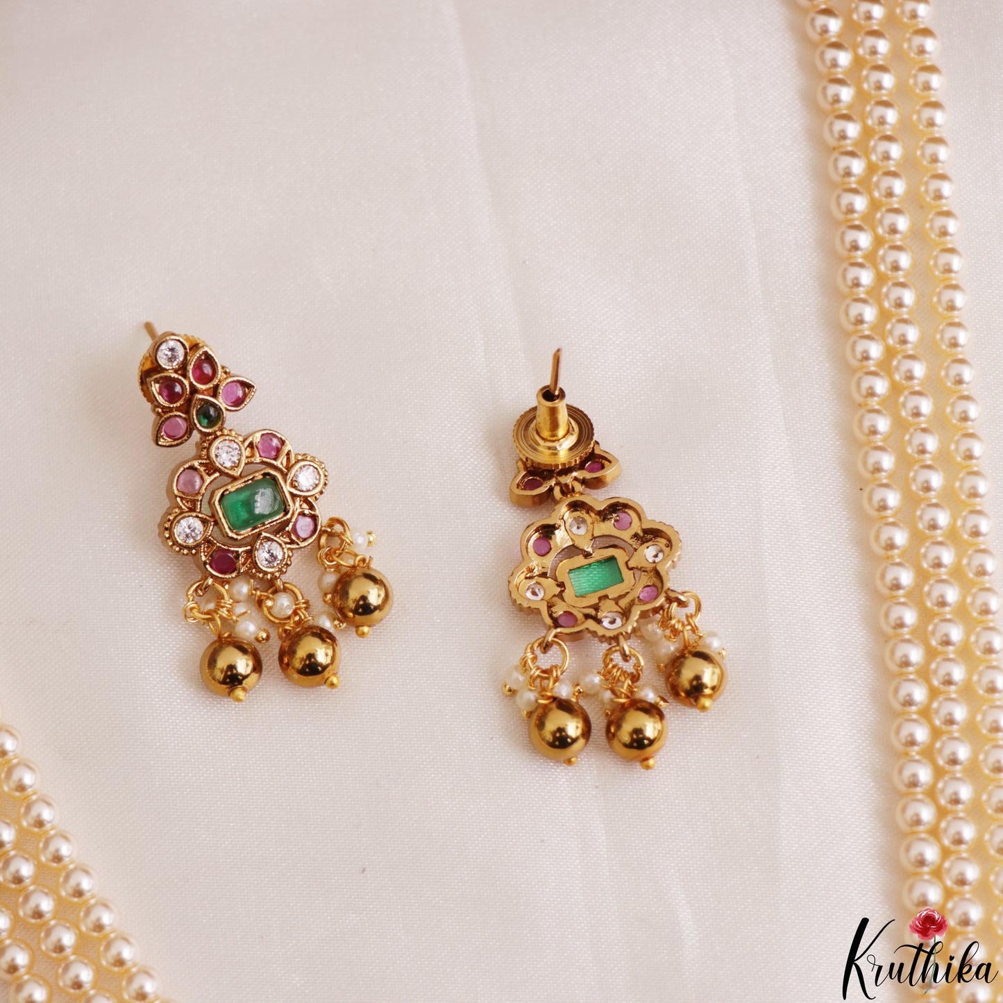 Elegant Multi Strand Pearl Chain With Kemp Square Teardrop Motifs Pendant LH2195 (Available In 3 Colors)