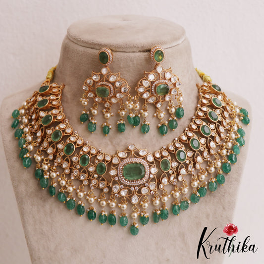 Premium Geometric Motifs Mossanaite Choker With Green Bead Drops NC2838 (Available In 2 colors)