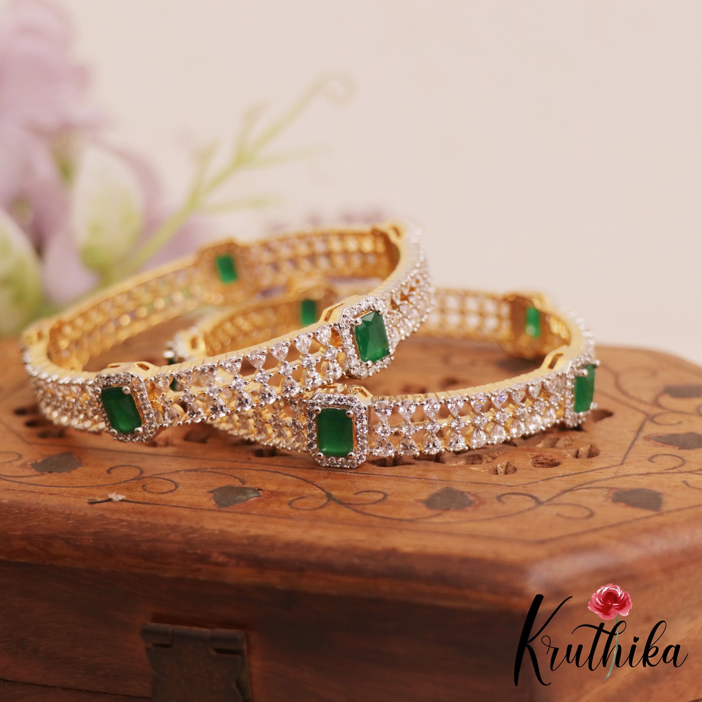 Sparkling Diamond-Finish Gold-Tone AD Bangles B526 (Set of 2)|(Available In 2 Colors)