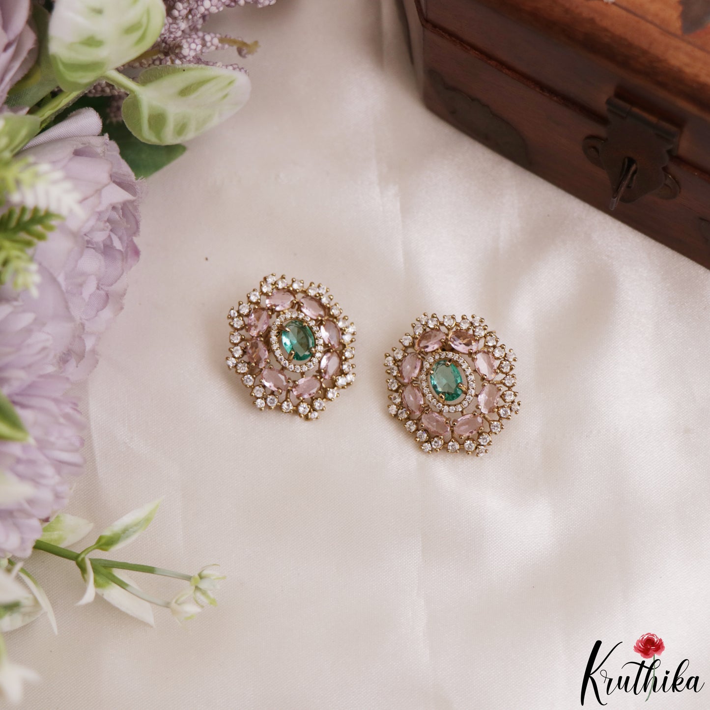 Trendy Floral Motifs CZ Victorian Stud Earrings E1215