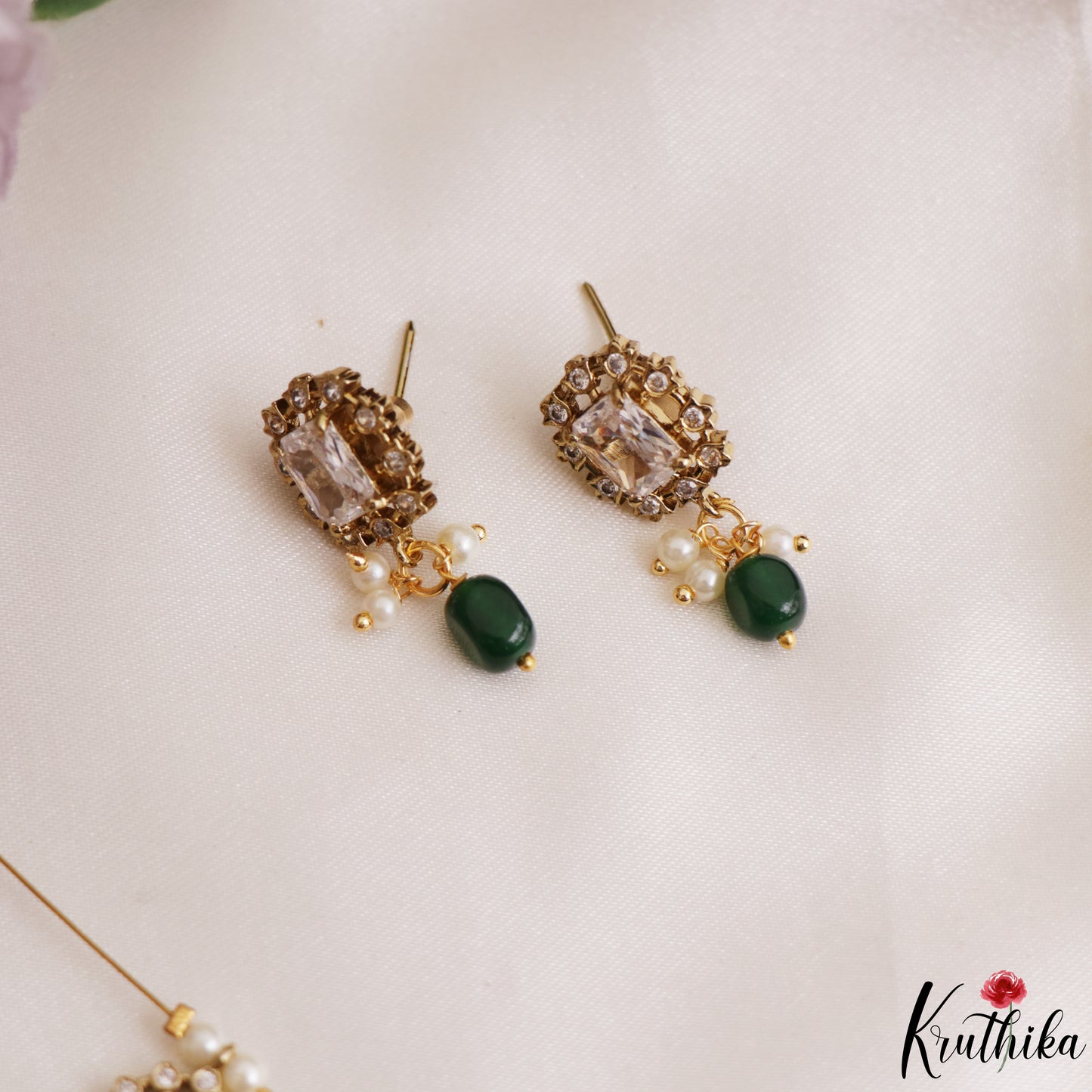 Trendy Floral Peacock Motifs CZ Invisible Chain With Green Bead Drops NC3249 (Available In 3 Colors)