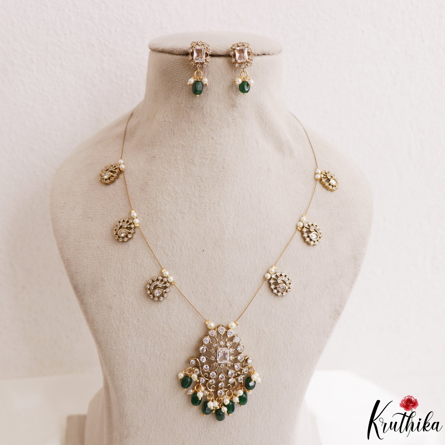 Trendy Floral Peacock Motifs CZ Invisible Chain With Green Bead Drops NC3249 (Available In 3 Colors)