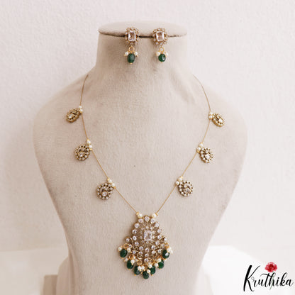 Trendy Floral Peacock Motifs CZ Invisible Chain With Green Bead Drops NC3249 (Available In 3 Colors)