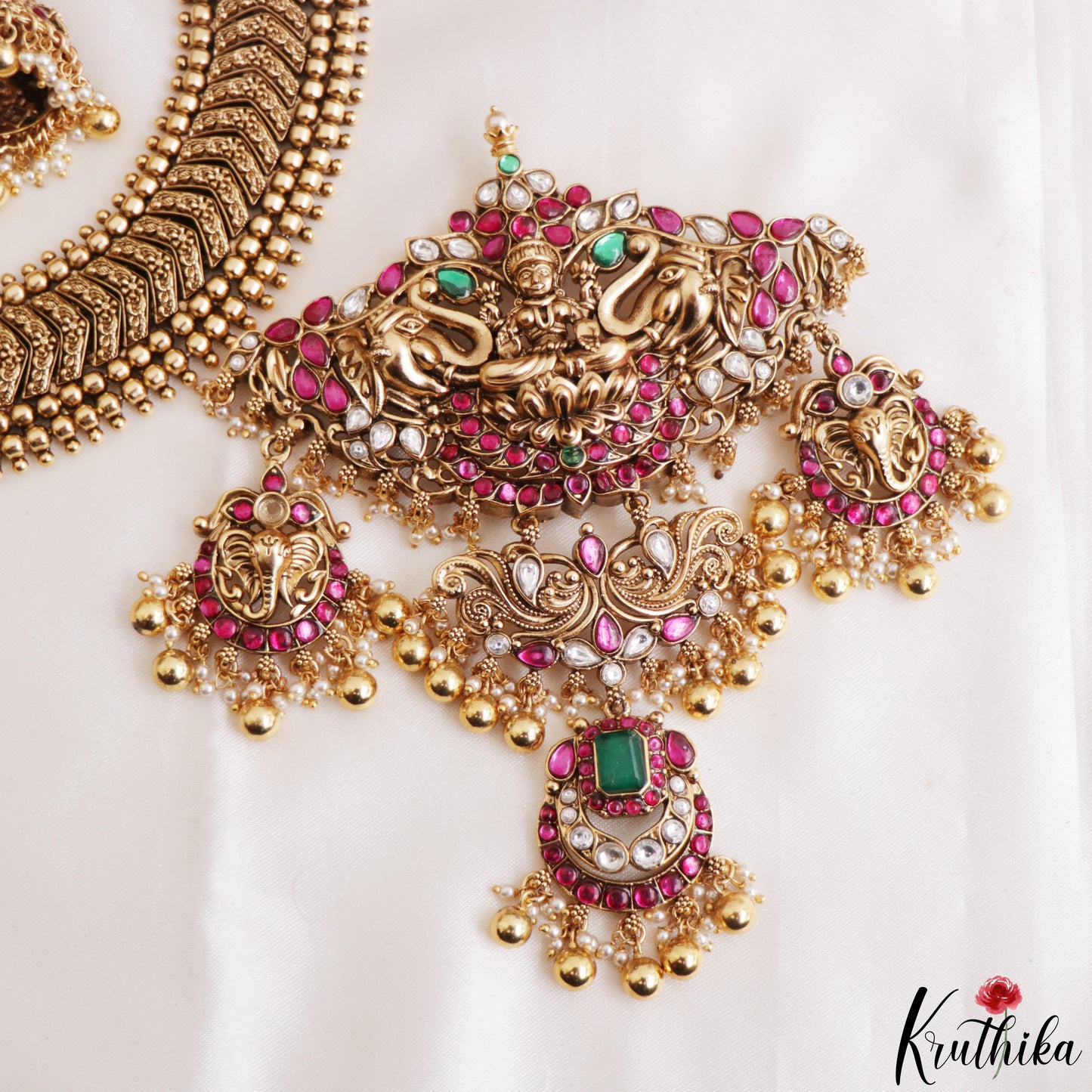 Grand 24K Gold-Inspired Antique Nagas Lakshmi Elephant Motifs Jadau Necklace NC3260 (Detachable Pendants)