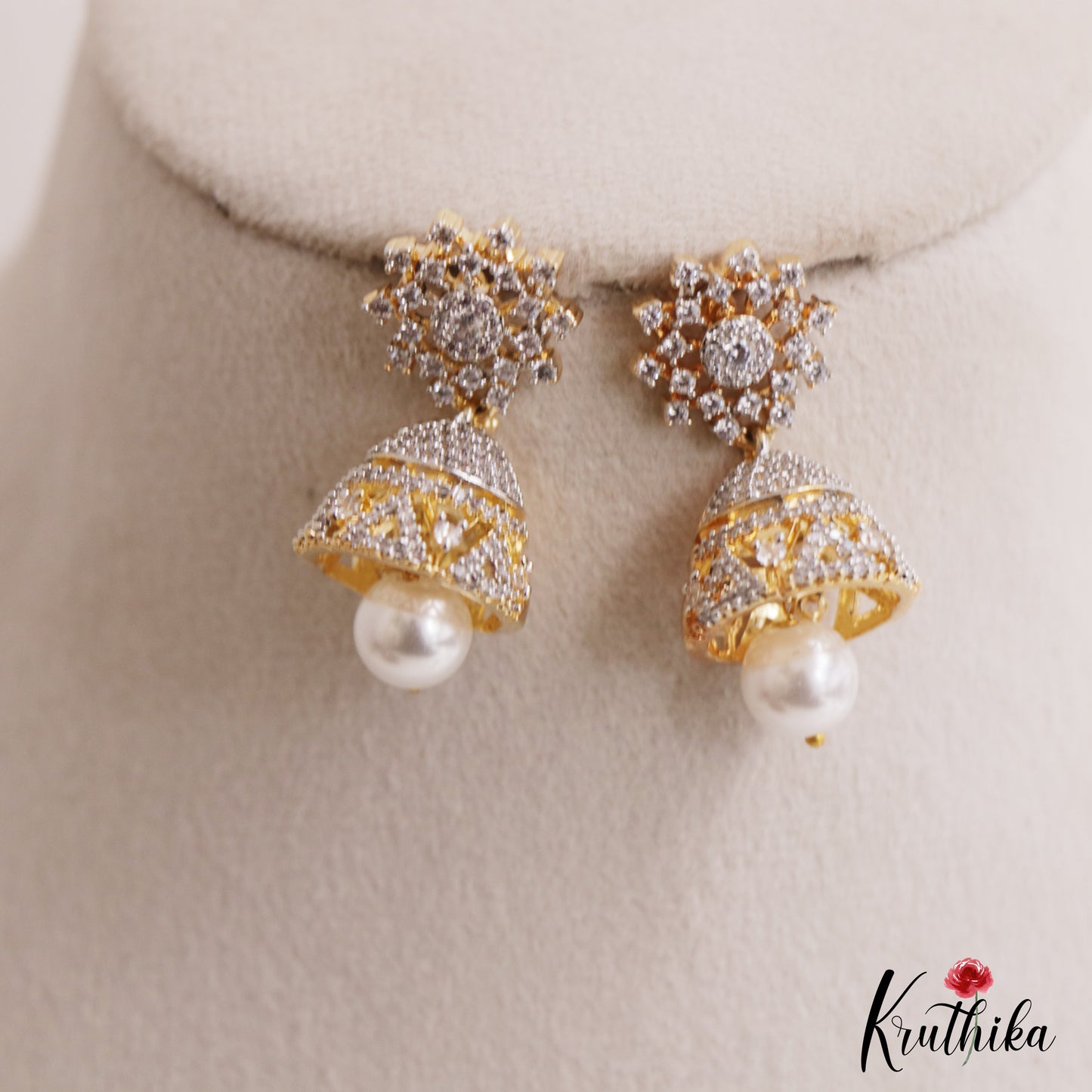 Trendy Floral Motifs CZ Jhumkas With Pearl Drop E1120