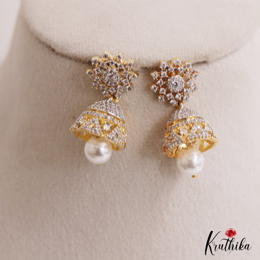 Trendy Floral Motifs CZ Jhumkas With Pearl Drop E1120