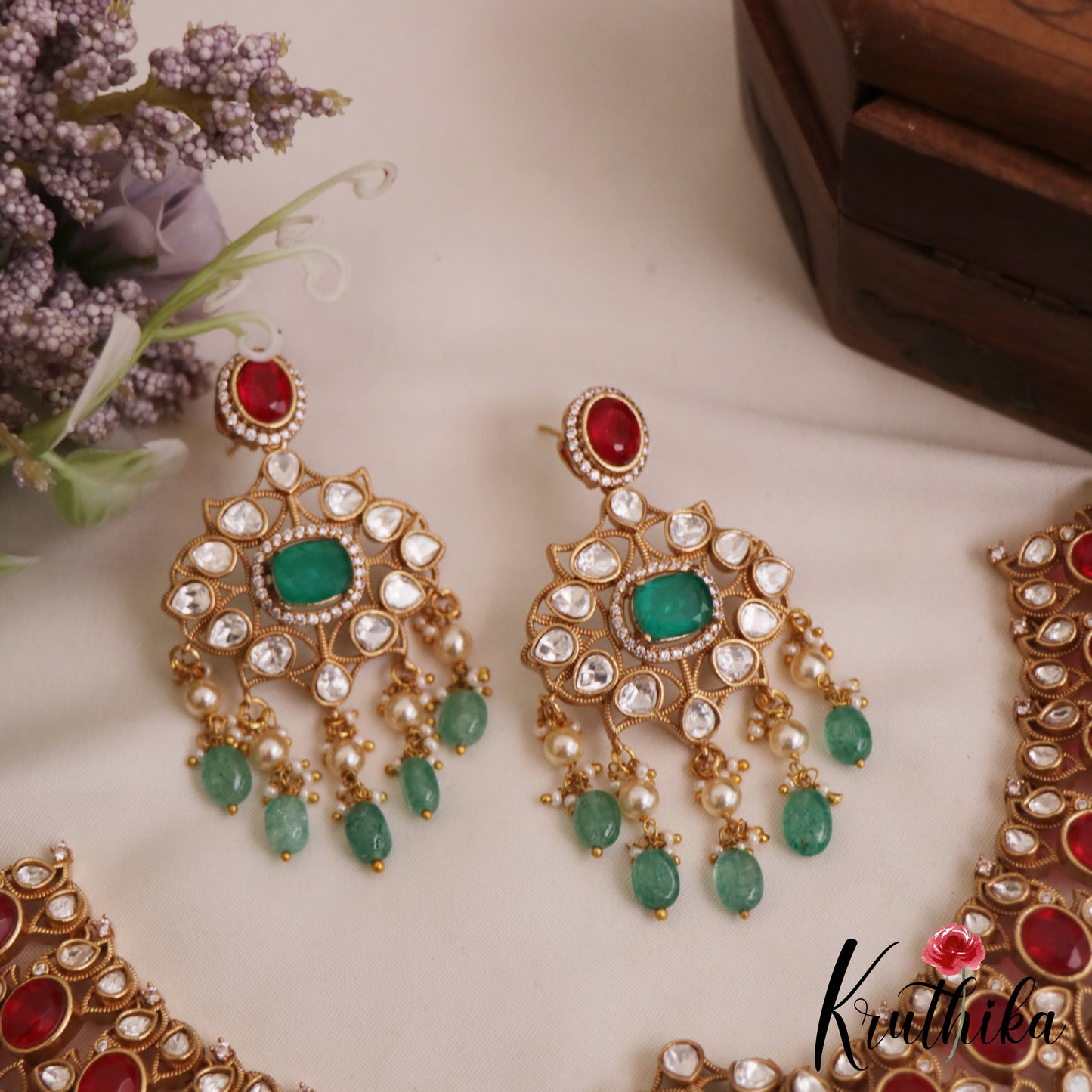 Premium Geometric Motifs Mossanaite Choker With Green Bead Drops NC2838 (Available In 2 colors)