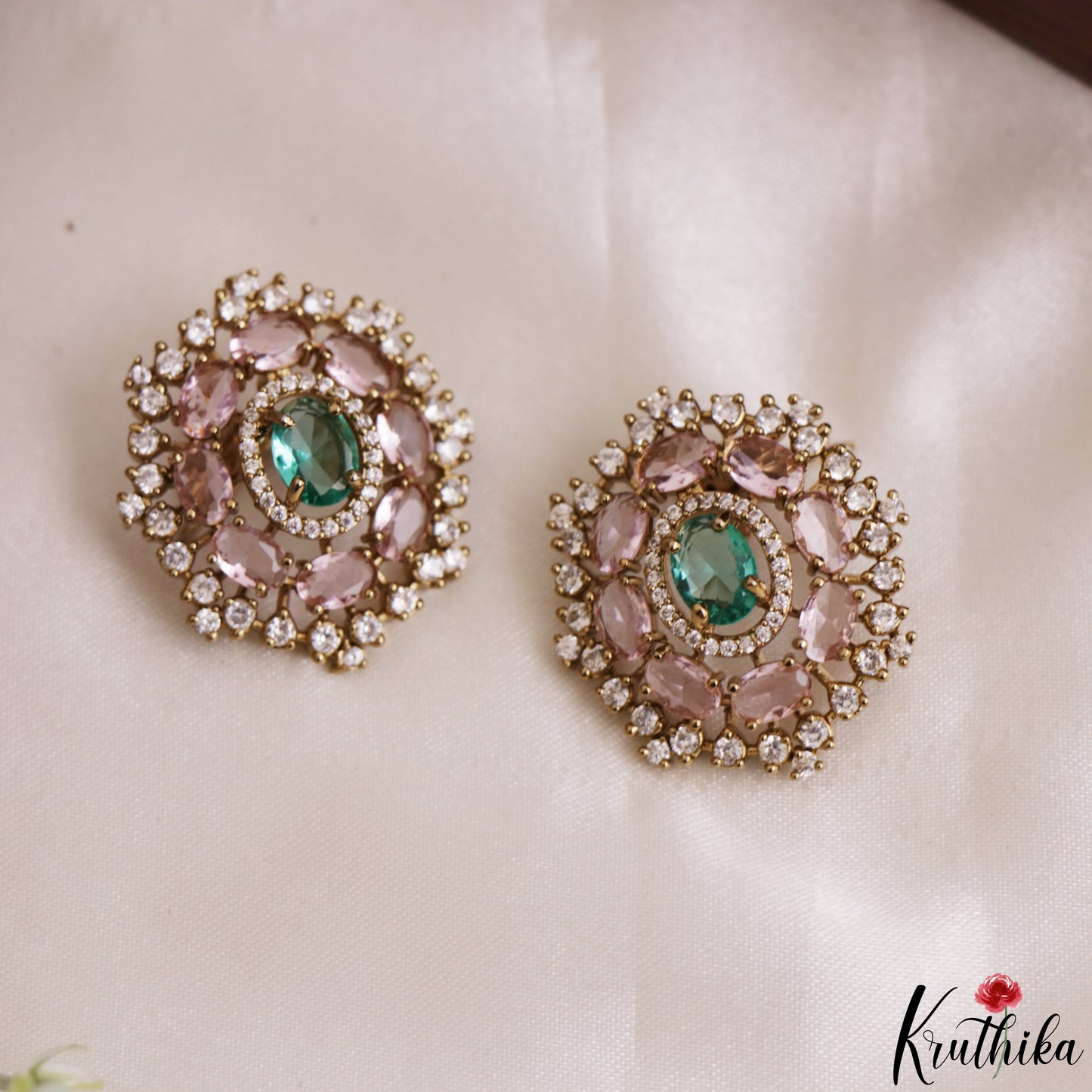Trendy Floral Motifs CZ Victorian Stud Earrings E1215