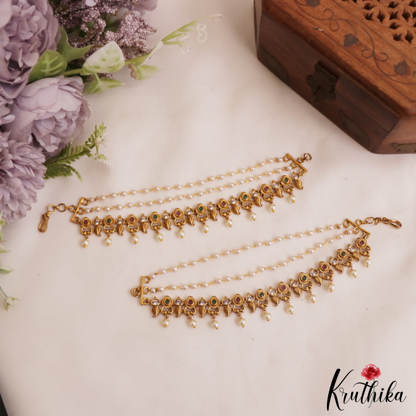 Classic Antique Leaf Floral Motifs Multi Strand Earchains With Pearl Drops EC206