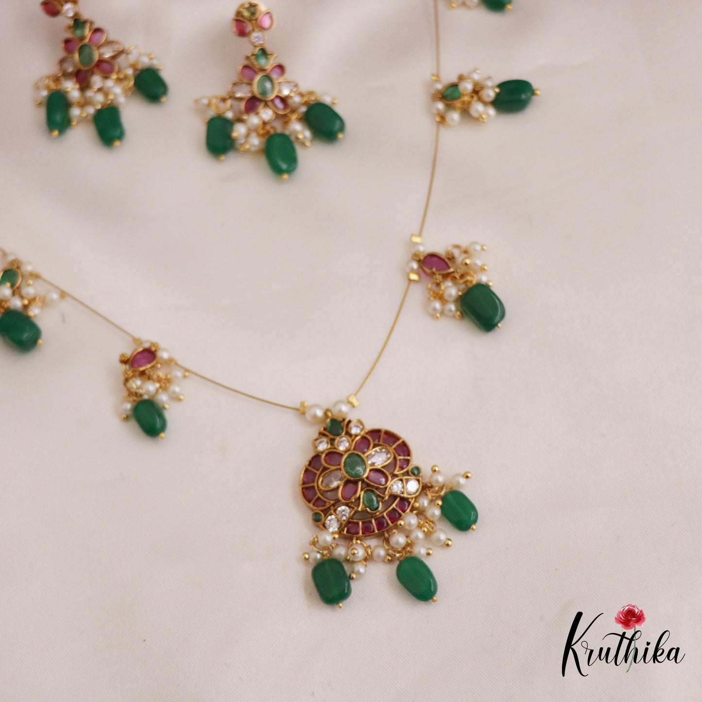 Trendy Kemp Floral Motifs Invisible Chain with Green Beads Drops NC2648