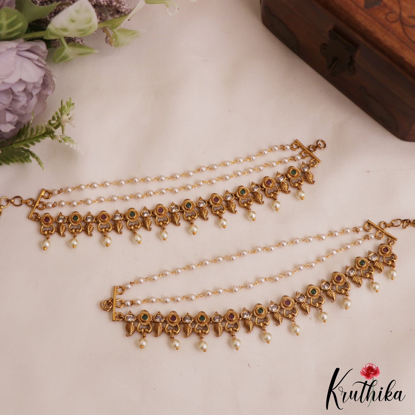 Classic Antique Leaf Floral Motifs Multi Strand Earchains With Pearl Drops EC206