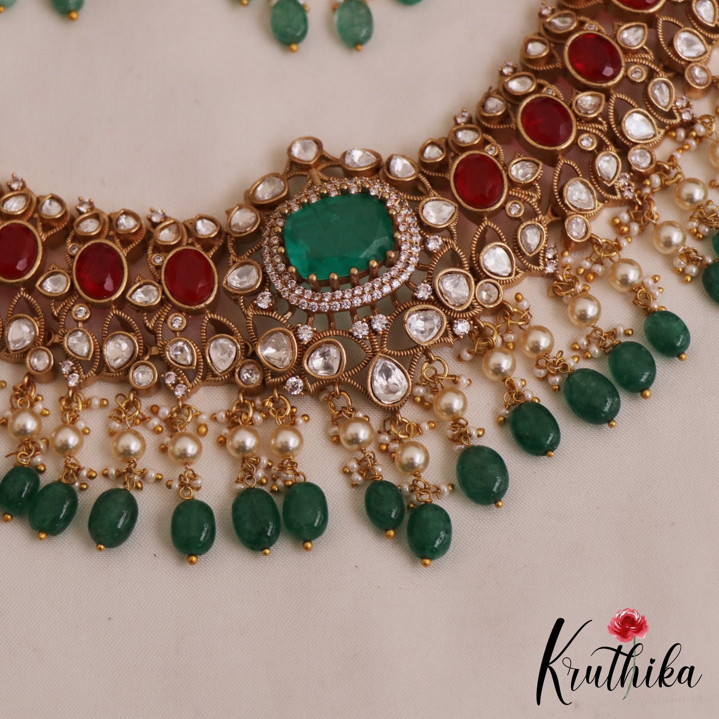 Premium Geometric Motifs Mossanaite Choker With Green Bead Drops NC2838 (Available In 2 colors)