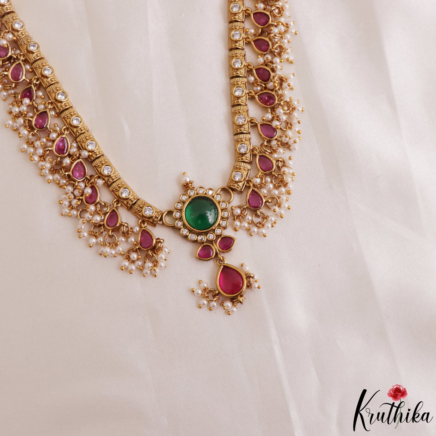 Trendy Floral Teardrop Motifs Kemp Haaram With Pearl Drops LH2174