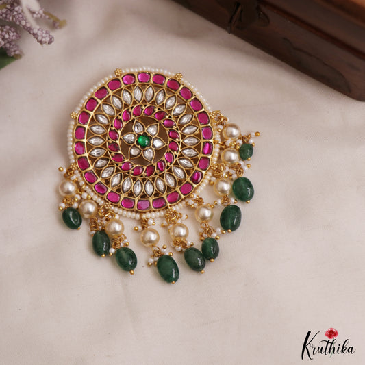 Gorgeous Floral Motifs Jadau Pendant With Green Bead Drops PS299