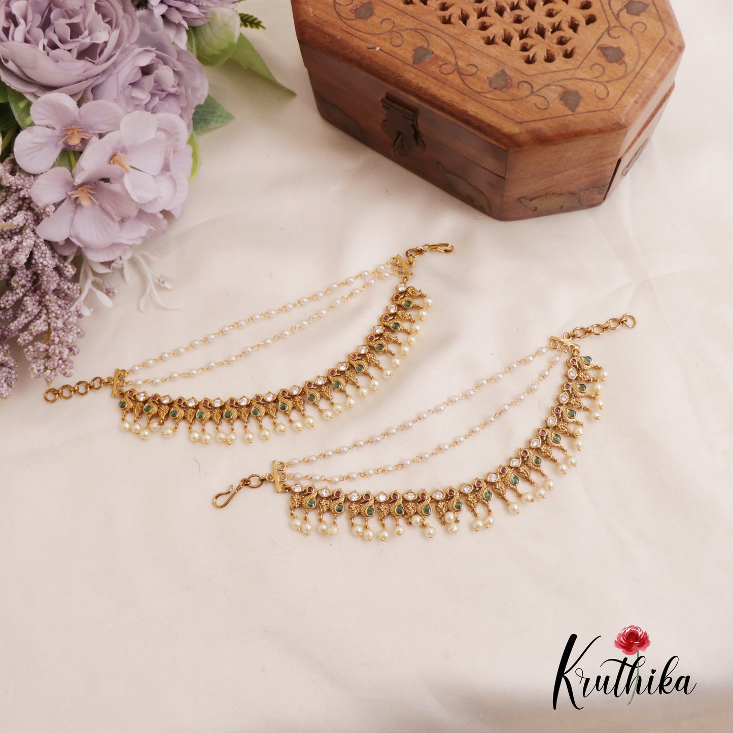 Elegant Kemp Peacock Pearl Drop With Three Layered Earchains EC165