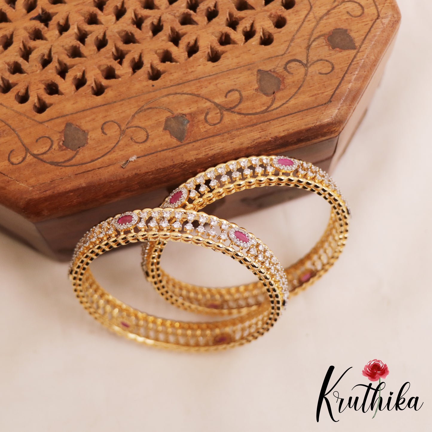 Beautiful Diamond-Finish Gold-Tone AD Bangles B521 (Set of 2)|(Available In 2 Colors)