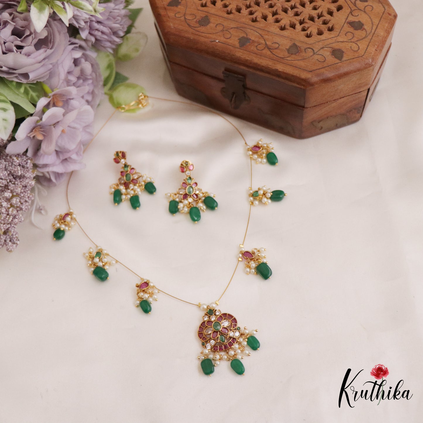 Trendy Kemp Floral Motifs Invisible Chain with Green Beads Drops NC2648