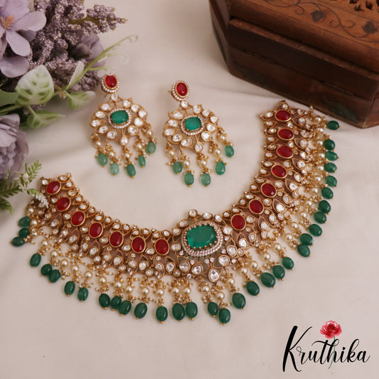Premium Geometric Motifs Mossanaite Choker With Green Bead Drops NC2838 (Available In 2 colors)