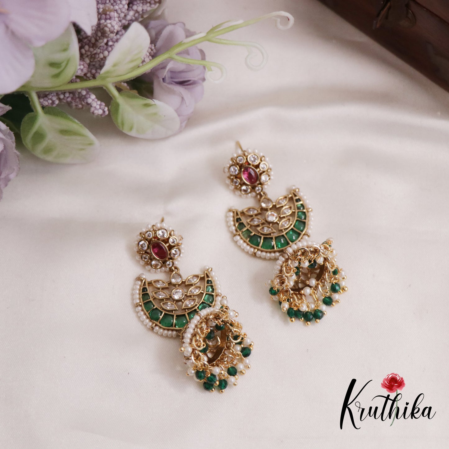 Elegant Kemp Floral Jhumkas With Pearl Drops Earrings E805