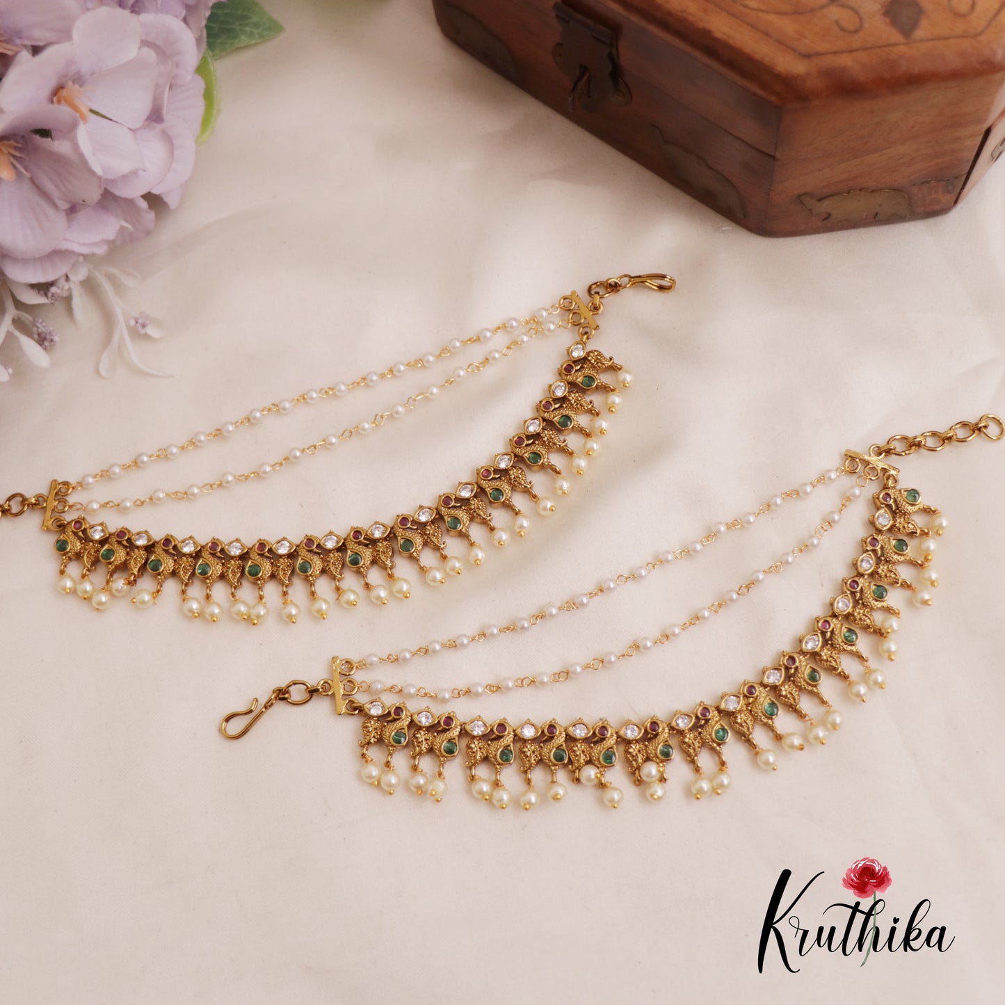 Elegant Kemp Peacock Pearl Drop With Three Layered Earchains EC165