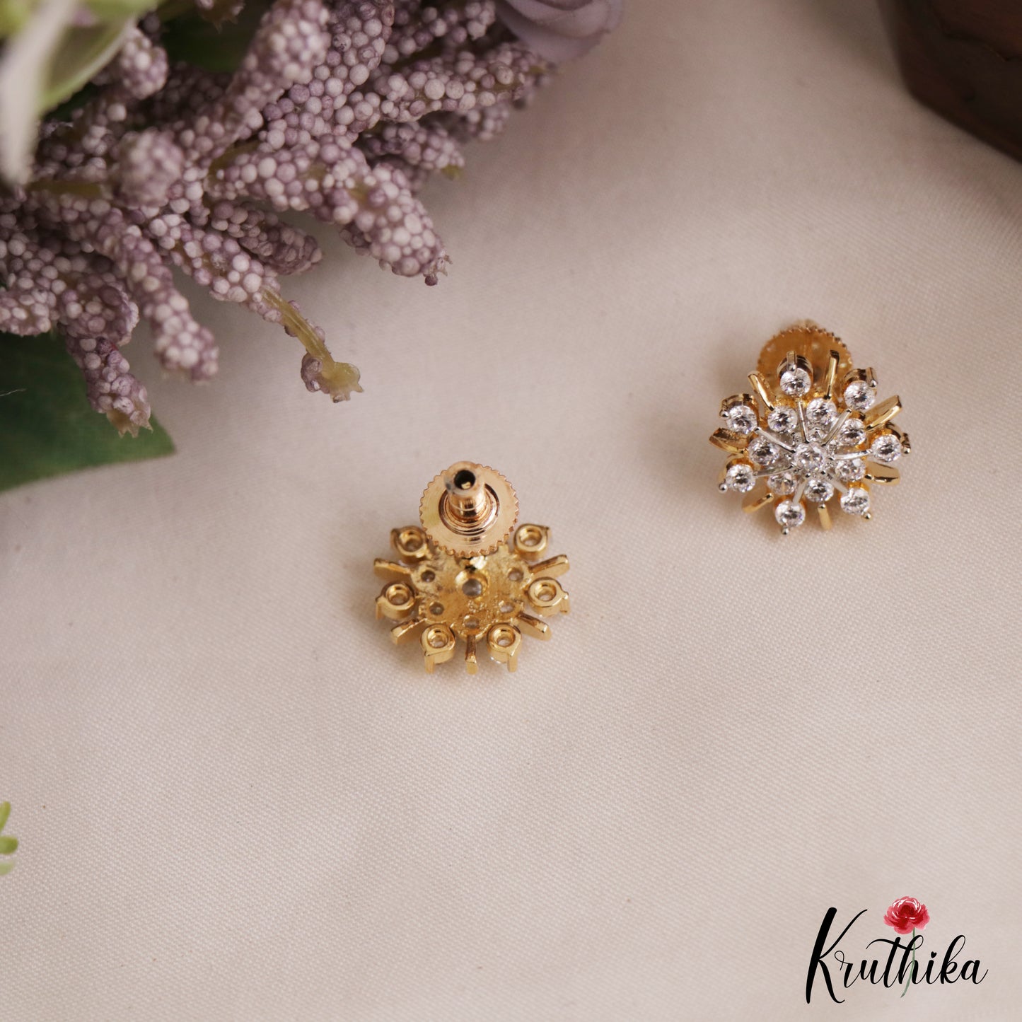 Simple Floral Motifs Gold-Tone CZ Stud Earrings E1121