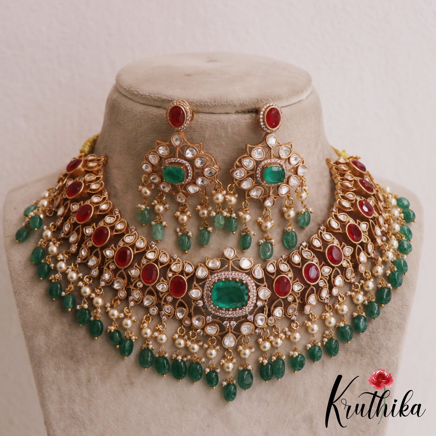 Premium Geometric Motifs Mossanaite Choker With Green Bead Drops NC2838 (Available In 2 colors)