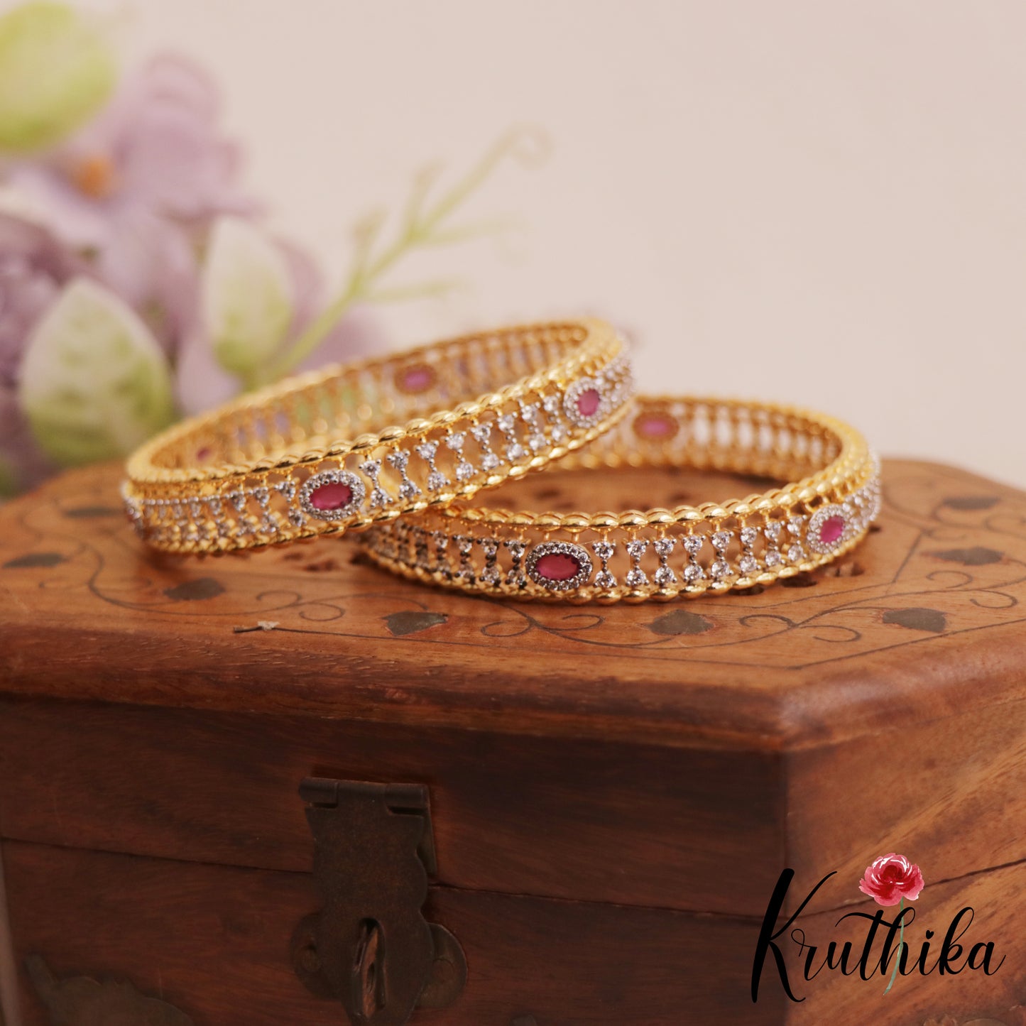 Beautiful Diamond-Finish Gold-Tone AD Bangles B521 (Set of 2)|(Available In 2 Colors)