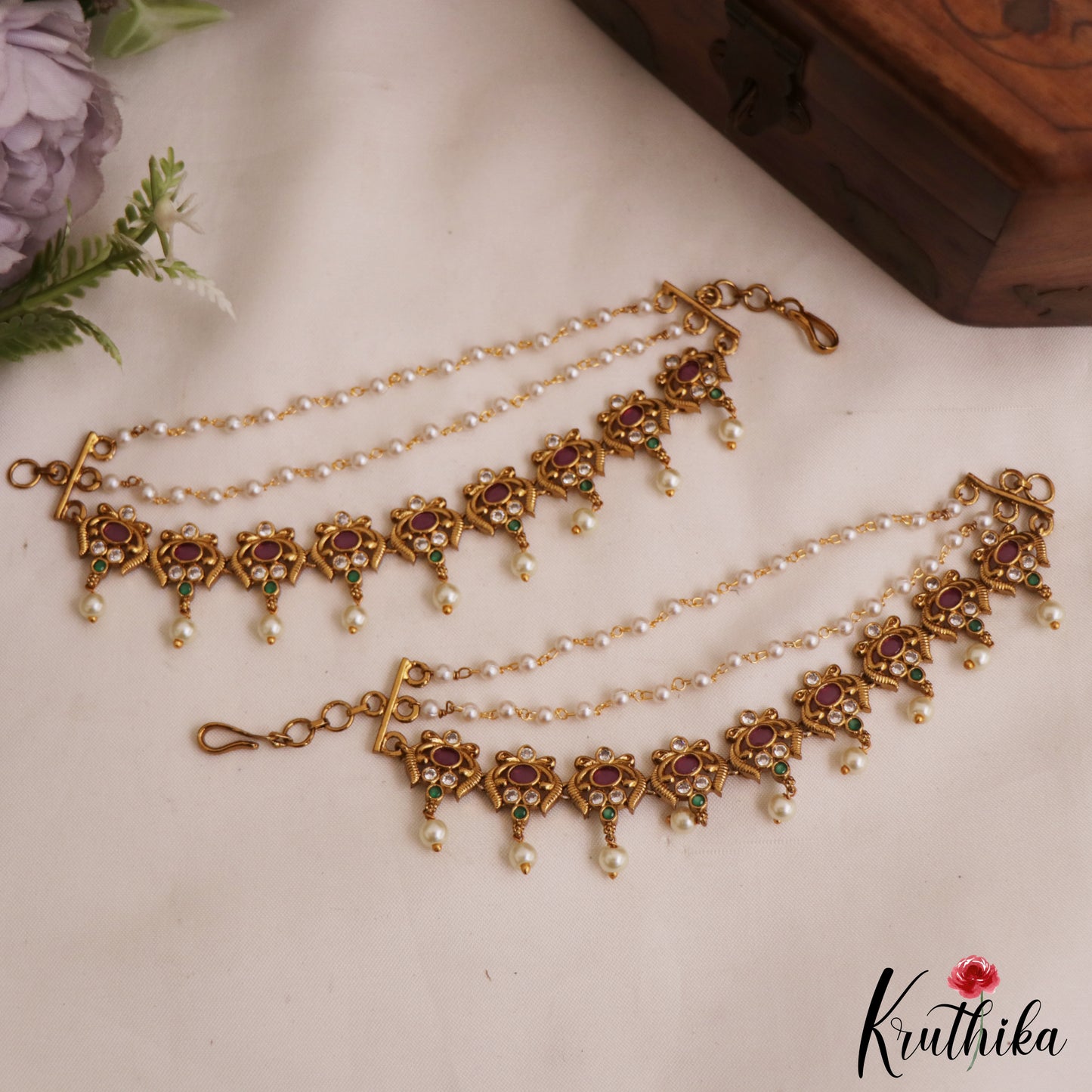 Beautiful Antique Floral Motifs Multi Strand Earchains With Pearl Drops EC211
