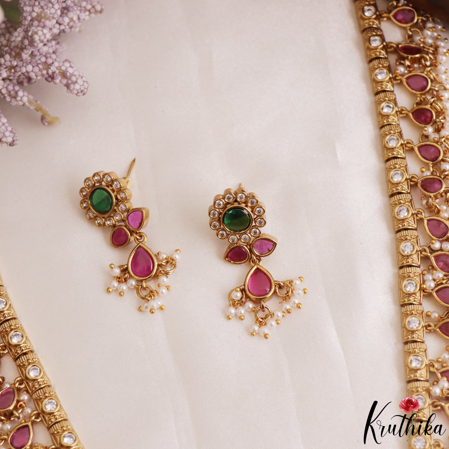 Trendy Floral Teardrop Motifs Kemp Haaram With Pearl Drops LH2174