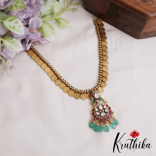 Elegant Antique Lakshmi Kasu Jadau Necklace With Green Bead Drops NC2879