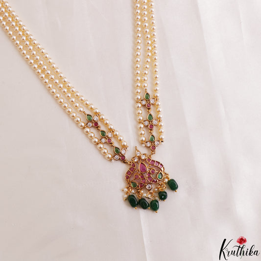 Trendy Multi Strand Pearl Chain With Kemp Peacock Pendant LH2196