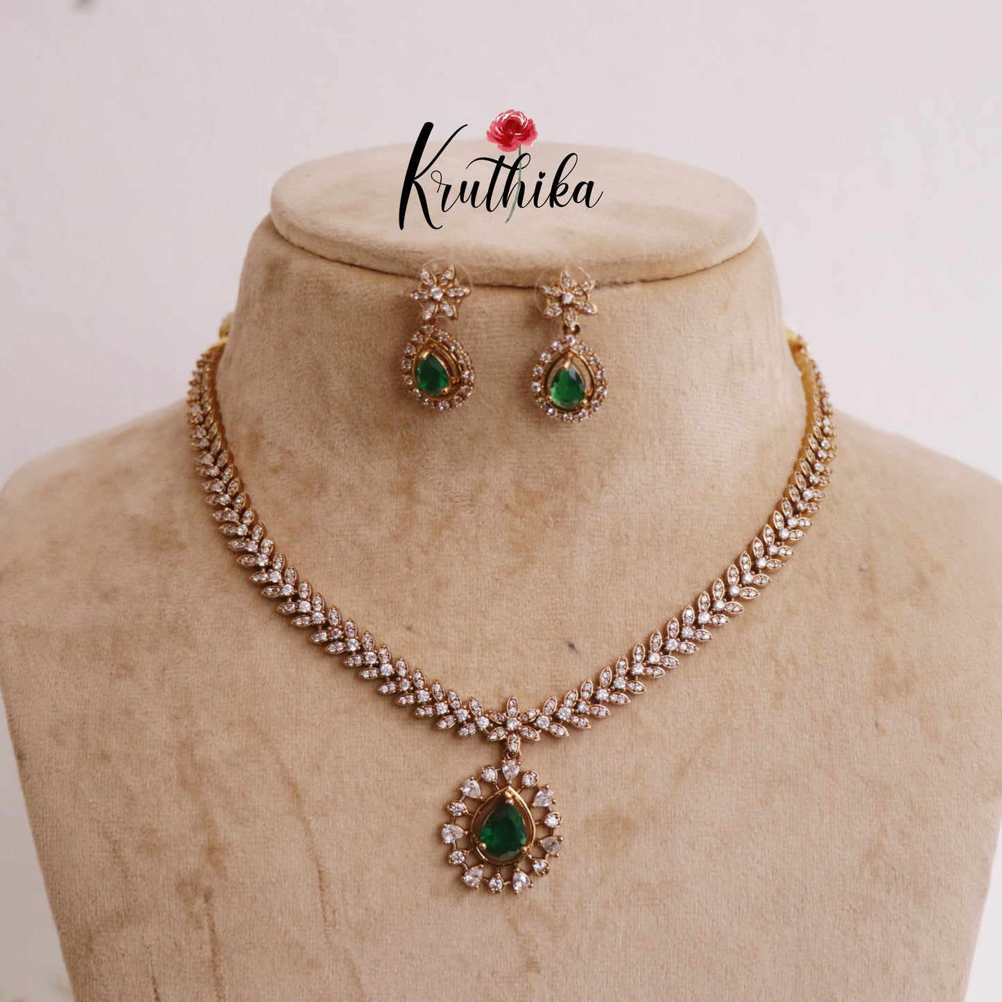 Beautiful CZ Leaf Necklace with Water Drop Pendant Set NC2271 (Available in 2 Colors)