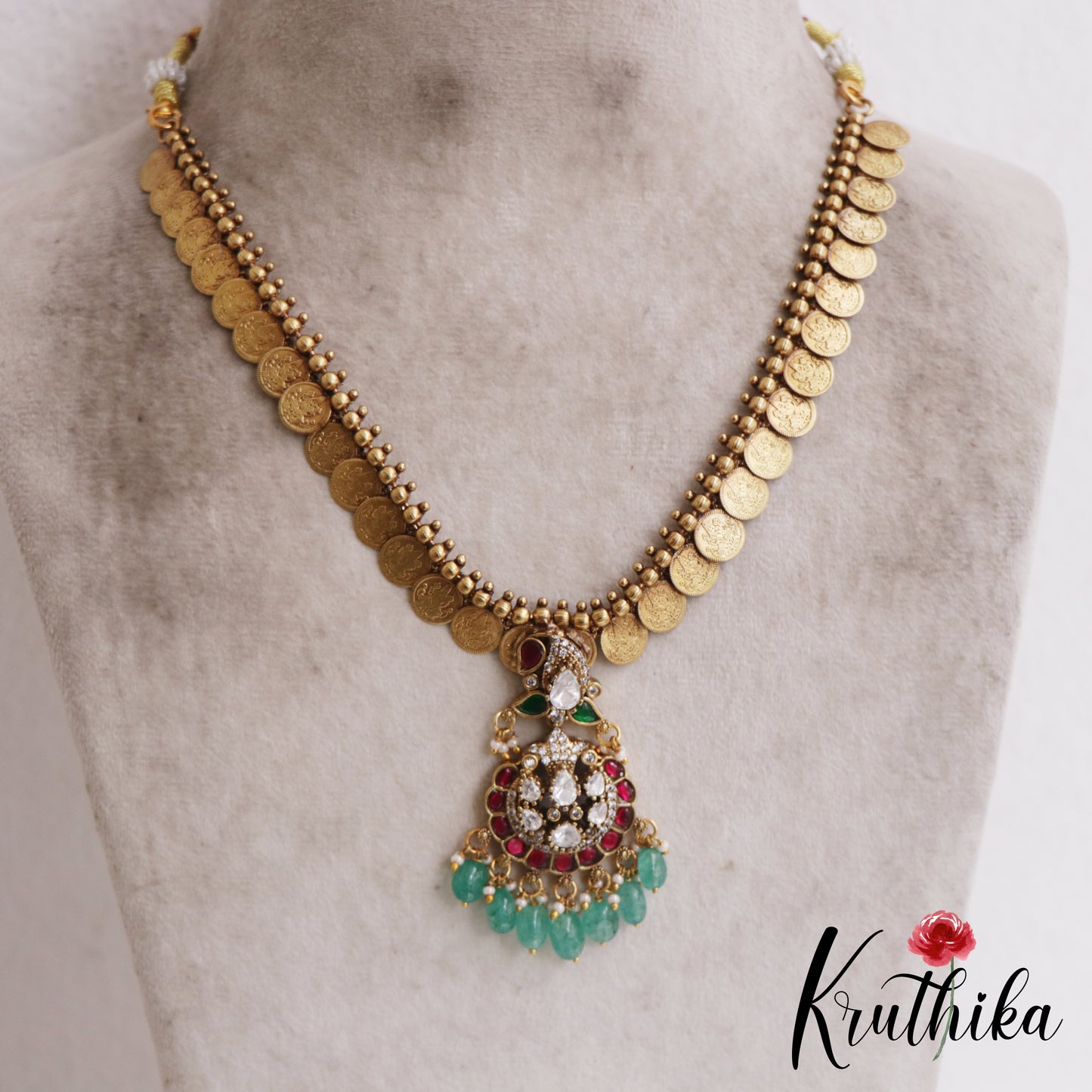 Elegant Antique Lakshmi Kasu Jadau Necklace With Green Bead Drops NC2879