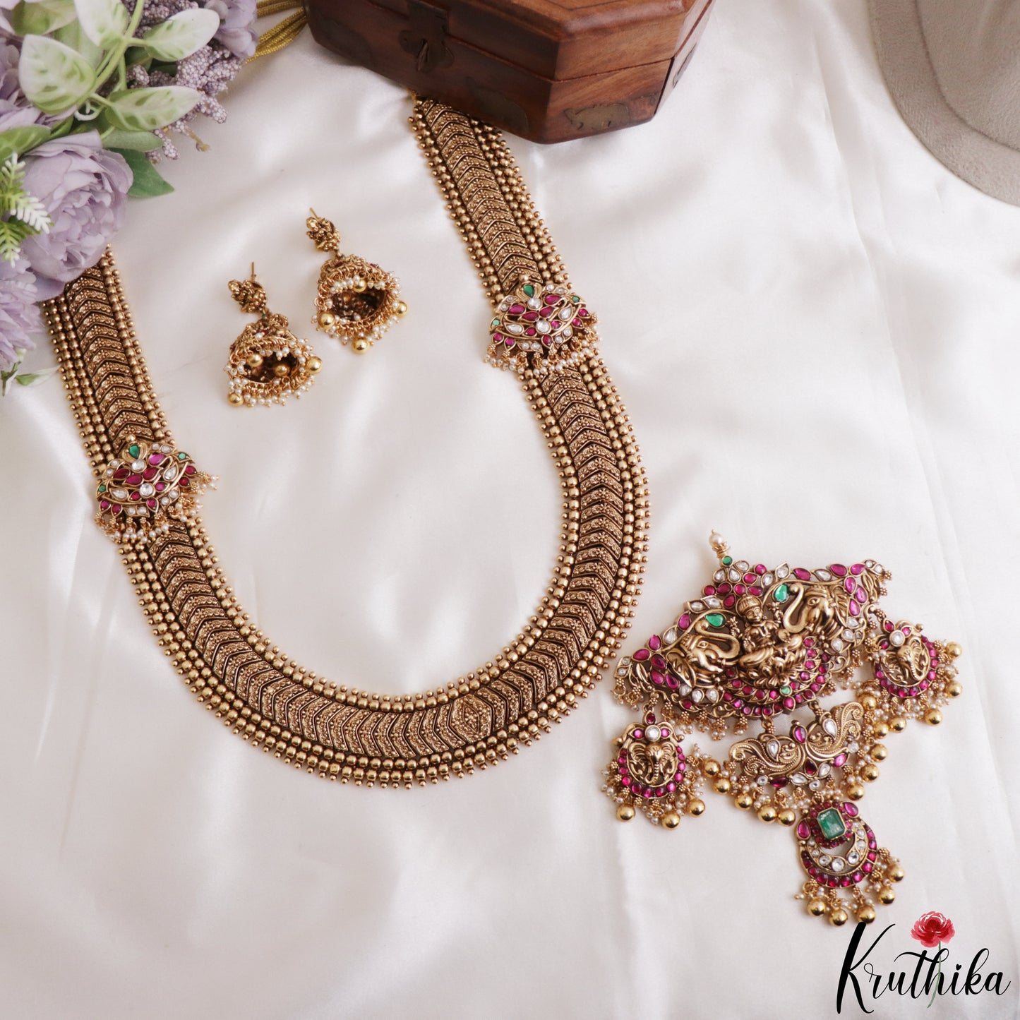 Grand 24K Gold-Inspired Antique Nagas Lakshmi Elephant Motifs Jadau Haaram LH2216 (Detachable Pendant)