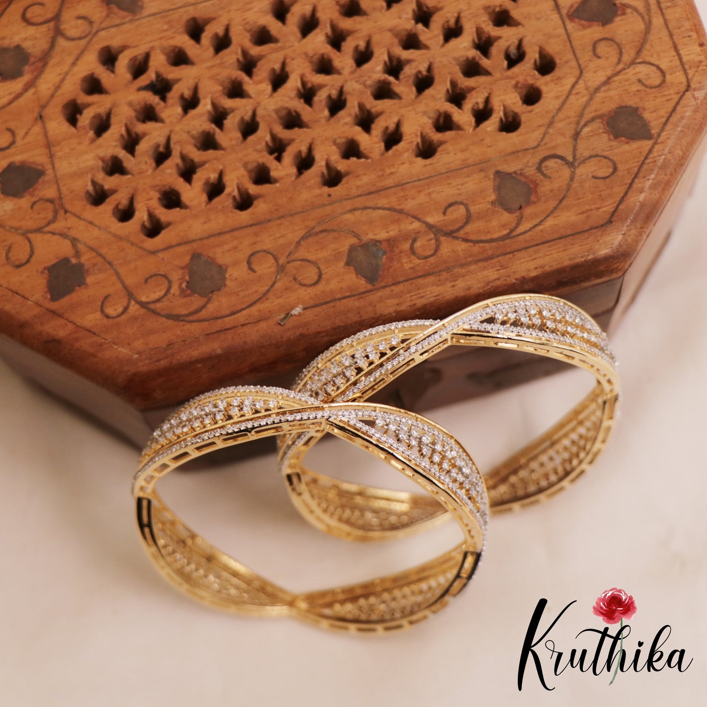 Beautiful Diamond-Finish Gold-Tone AD Bangles B515 (Set Of 2)