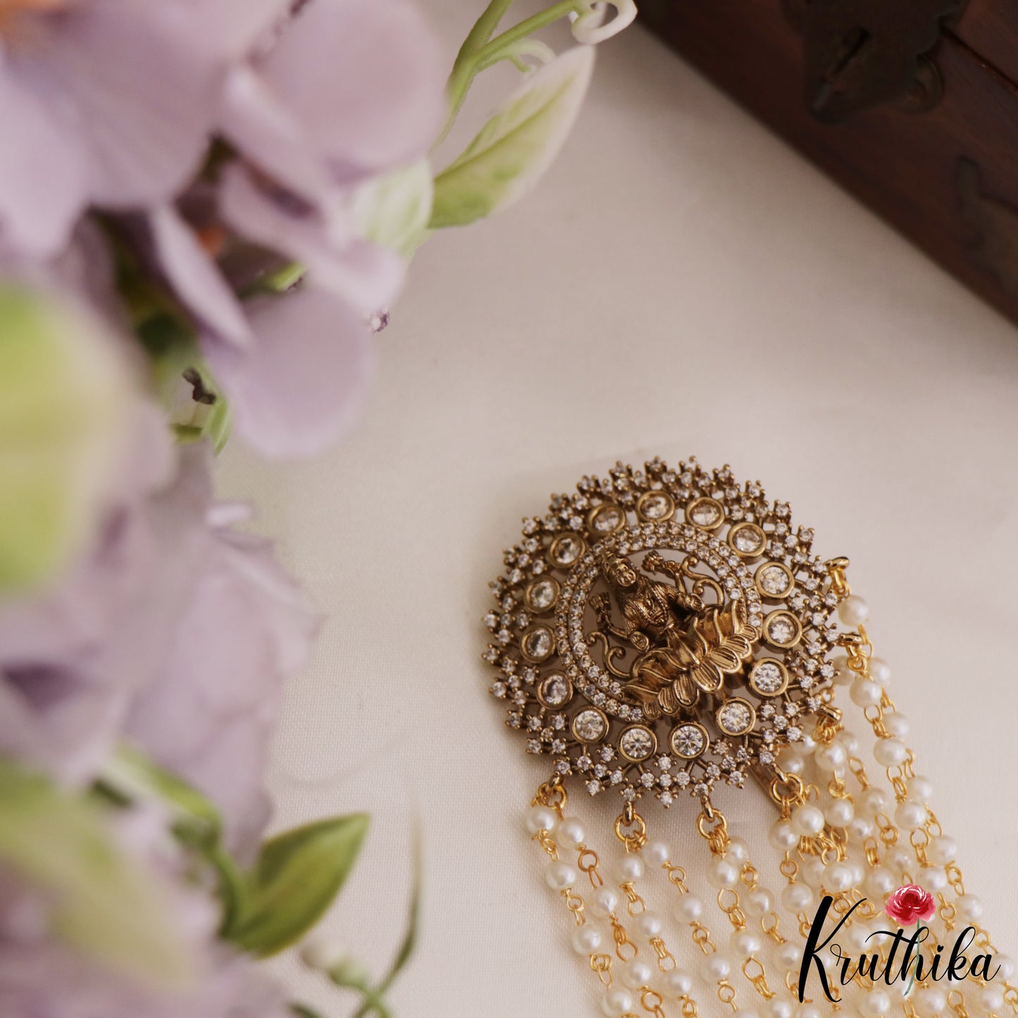 Stunning Antique Lakshmi Motifs Multi Pearl Strand Jada Billa With Green Bead Drops J315