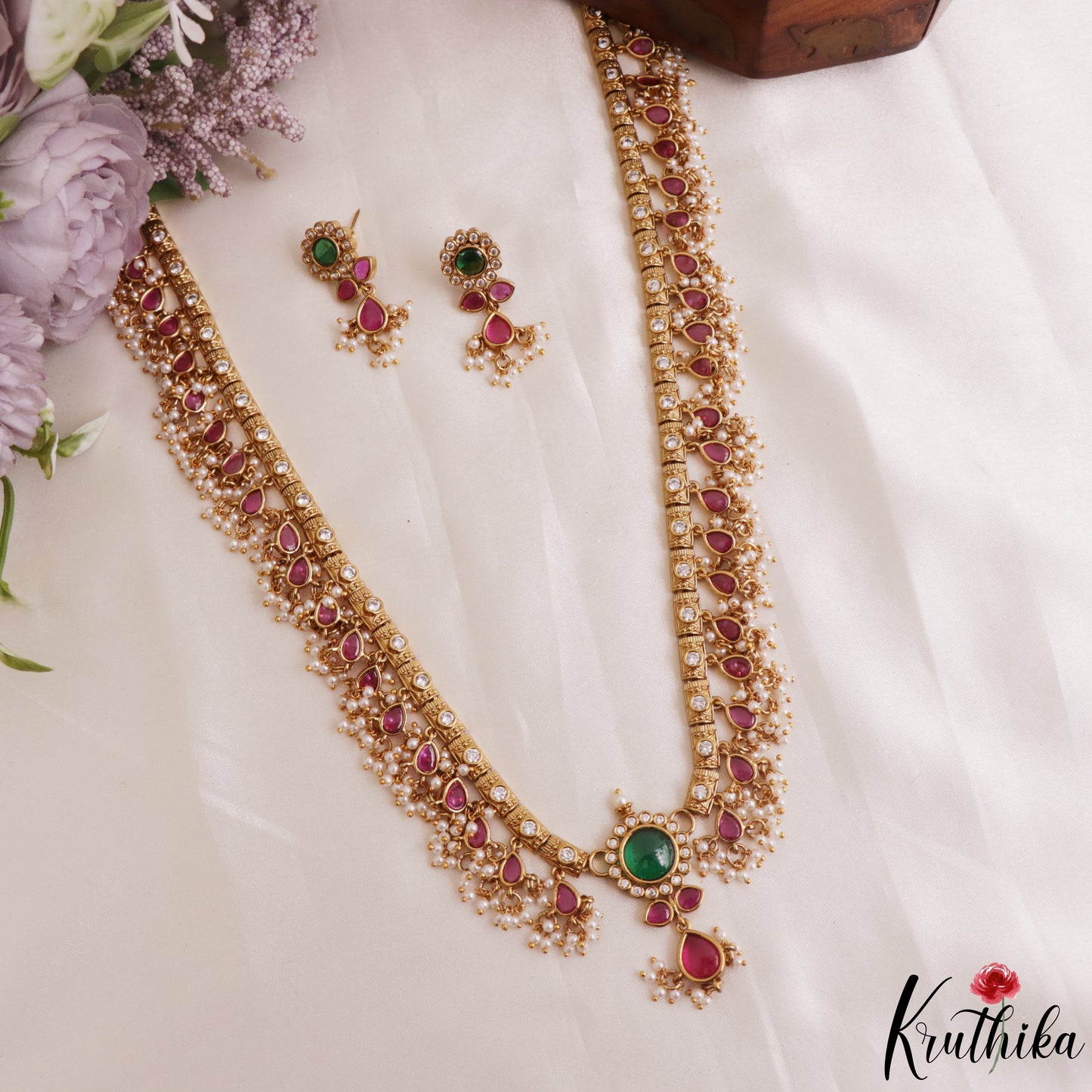 Trendy Floral Teardrop Motifs Kemp Haaram With Pearl Drops LH2174